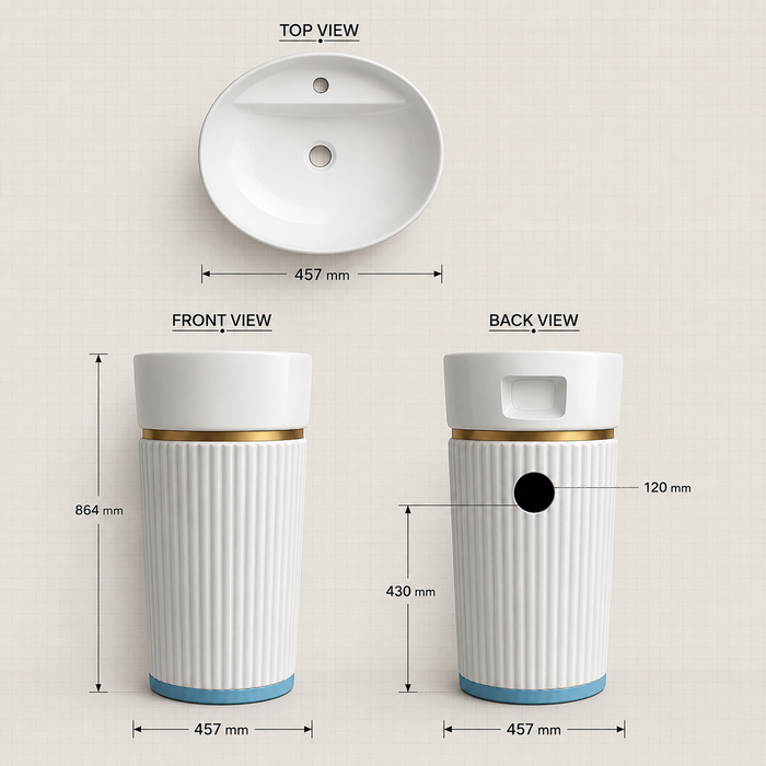 Premium Ceramic Pedestal Wash Basin 18x18x34 Inches | White Glossy Finish | Modern &amp; Traditional Bathroom Design | Durable, Stain-Resistant