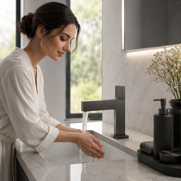 BASSINO Premium Short Basin Mixer Faucet (Hot & Cold)| Brass Body – 5 Years Warranty Gun Grey