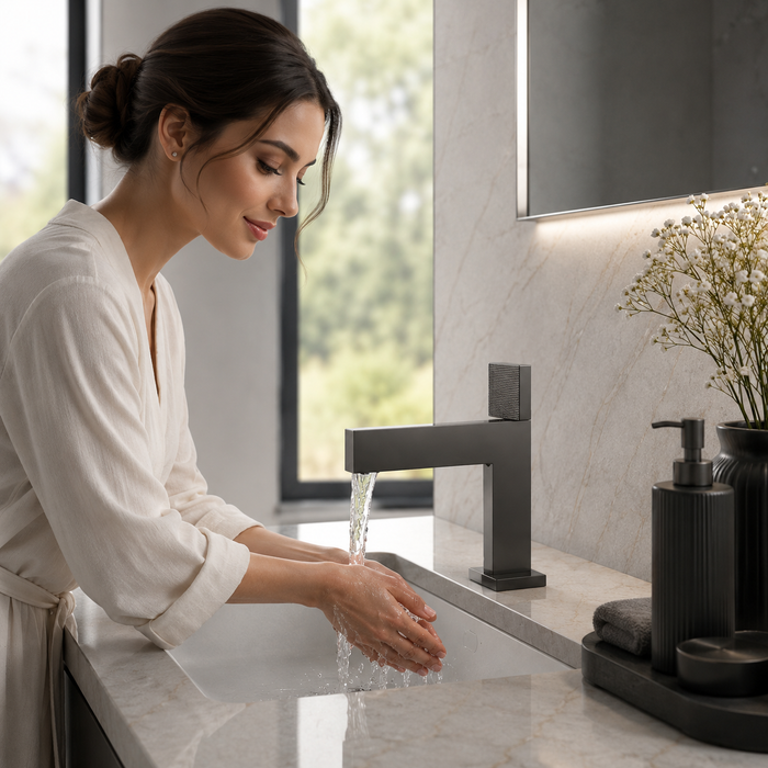 BASSINO Premium Short Basin Mixer Faucet (Hot & Cold)| Brass Body – 5 Years Warranty Gun Grey