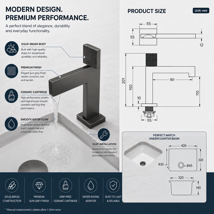 BASSINO Premium Short Basin Mixer Faucet (Hot & Cold)| Brass Body – 5 Years Warranty Gun Grey