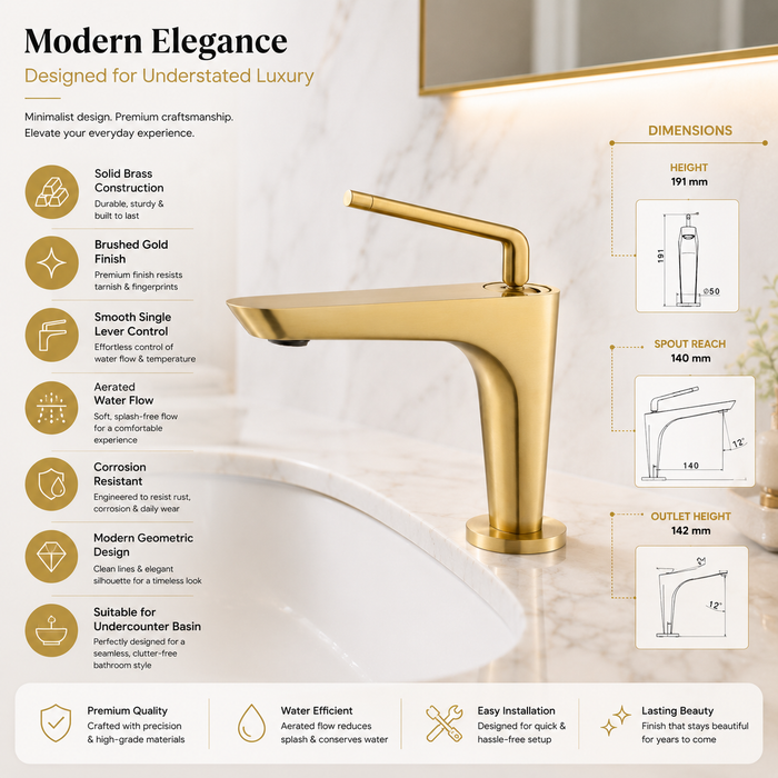 BASSINO Premium Short Basin Mixer Faucet (Hot & Cold)| Luxury Finish – 5 Years Warranty Brushed Gold