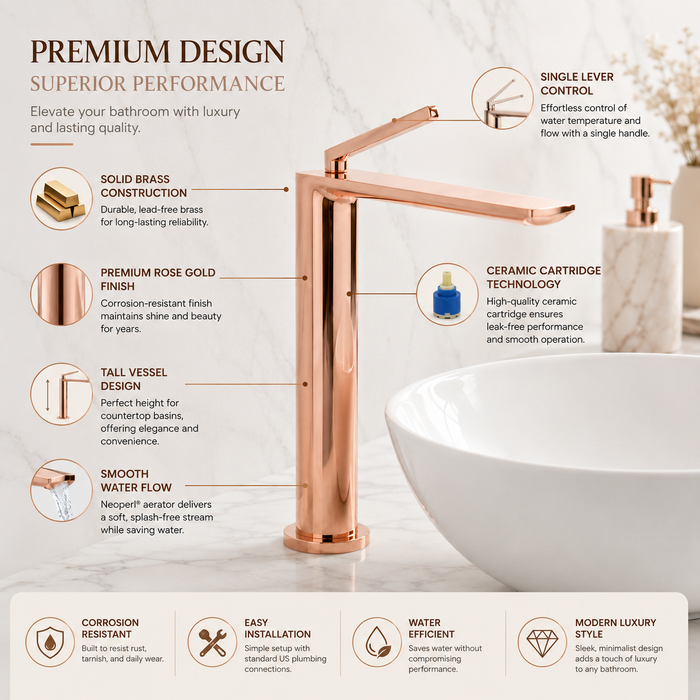 BASSINO AQVA Premium Long Body Basin Faucet Mixer | 3 Years Warranty Rose gold