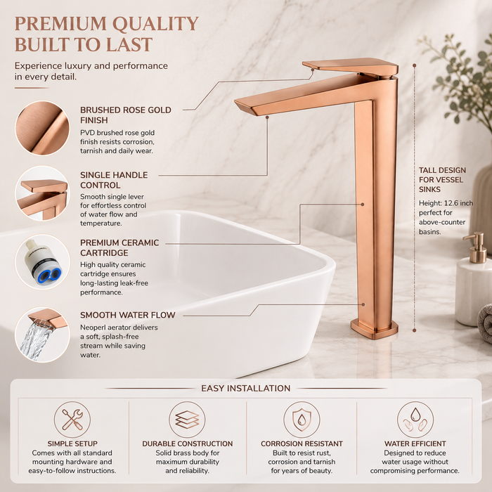BASSINO NEXO Long Body Modern Basin Faucet | 3 Years Warranty Rose gold