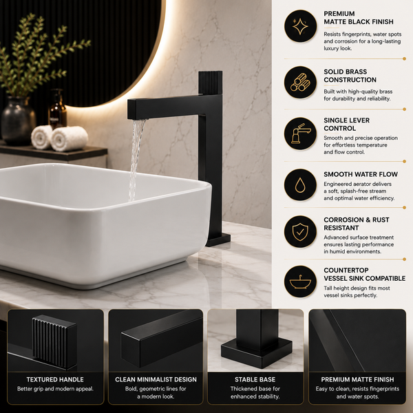 BASSINO TEE Long Body Contemporary Style Basin Faucet | 3 Years Warranty Black