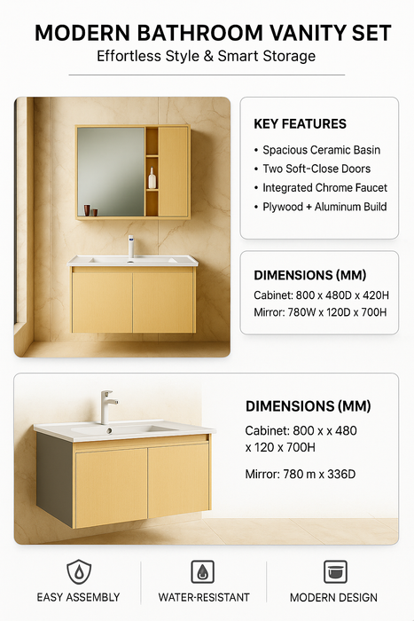 Wooden Bathroom Cabinet Set with Ceramic Basin & Mirror Cabinet 800mm