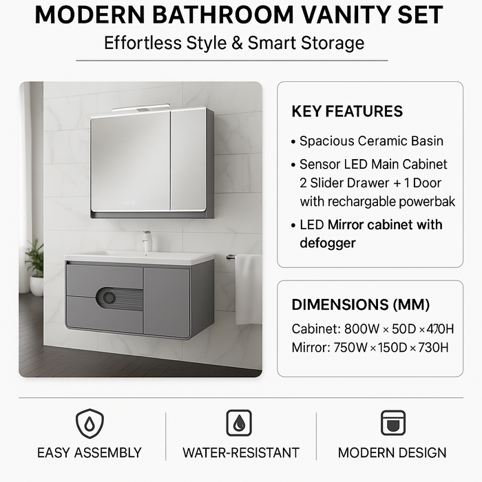 800mm Sensor LED Bathroom Cabinet with Defogger, Rechargeable Powerbank & Ceramic Basin