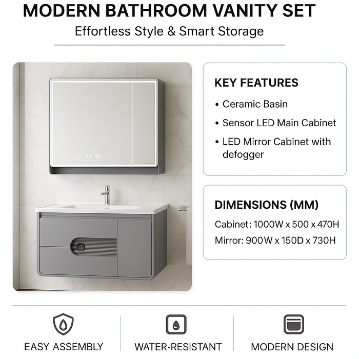 1000mm Sensor LED Bathroom Cabinet with Defogger, Rechargeable Powerbank & Ceramic Basin