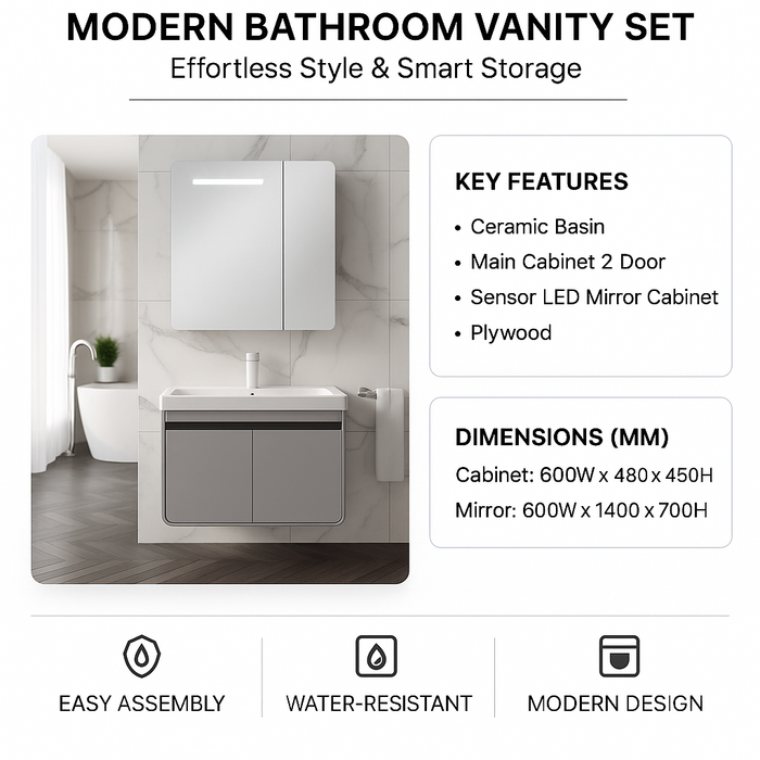 Sensor LED Bathroom Cabinet with Ceramic Basin & Dual Door Main Cabinet 600mm