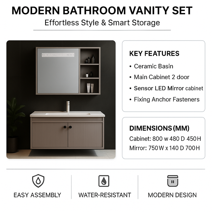 Sensor LED Bathroom Cabinet with Ceramic Basin & Dual Door Storage 800mm