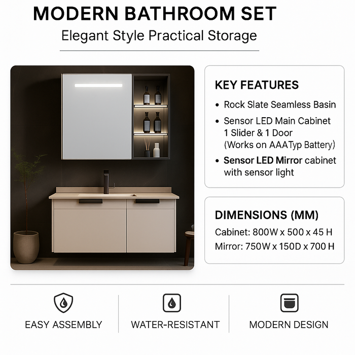 Sensor LED Bathroom Cabinet with Rock Slate Seamless Basin & LED Mirror (Battery Operated) 800mm