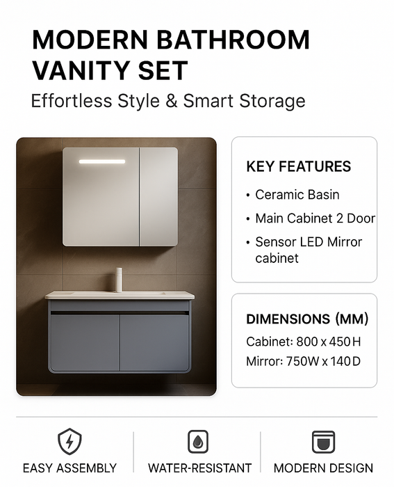 Sensor LED Bathroom Cabinet with Ceramic Basin & Dual Door Main Cabinet 800mm