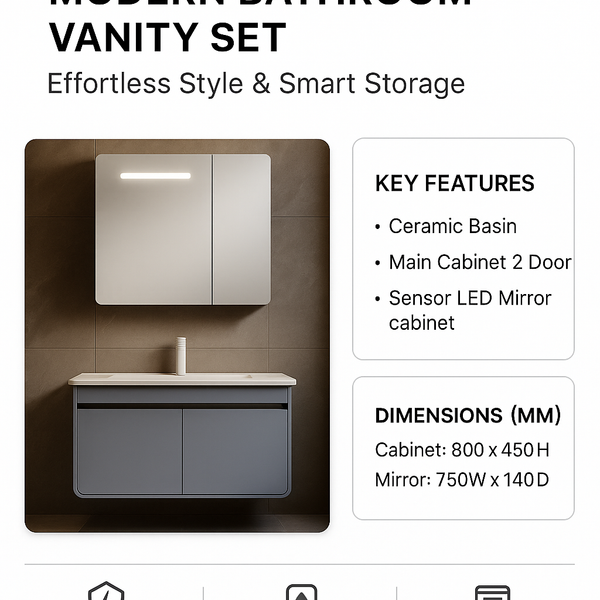 Sensor LED Bathroom Cabinet with Ceramic Basin & Dual Door Main Cabinet 800mm