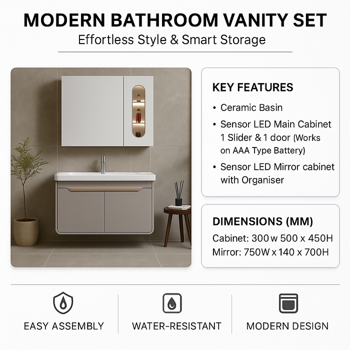 Sensor LED Bathroom Cabinet with Ceramic Basin & LED Mirror (Organizer – Battery Operated) 800mm