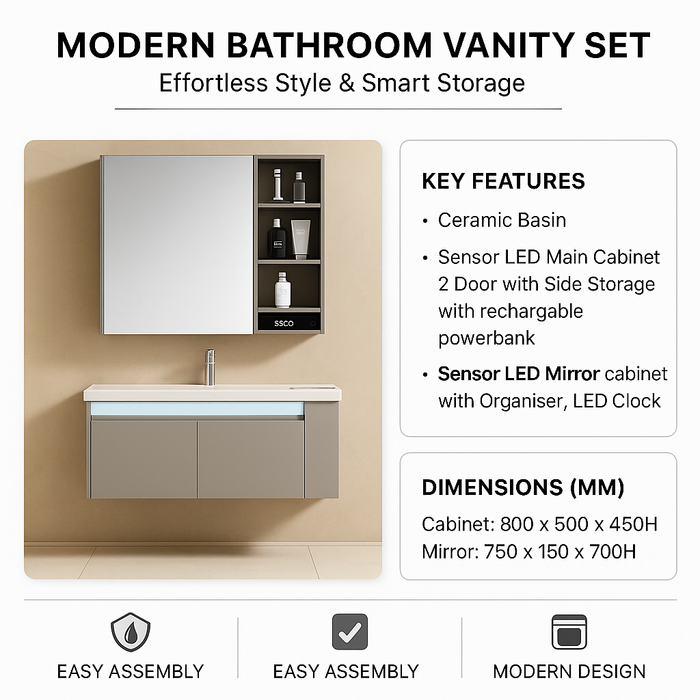 Sensor LED Bathroom Cabinet Set with Ceramic Basin, LED Clock & Powerbank Storage 800mm