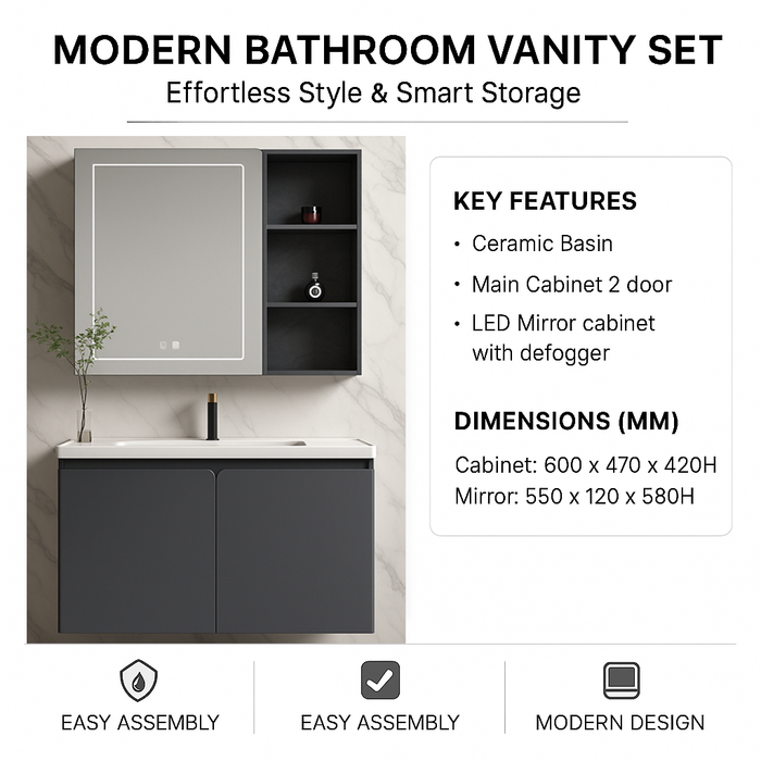 Stainless Steel Bathroom Cabinet with Ceramic Basin & LED Mirror (Defogger) 600mm