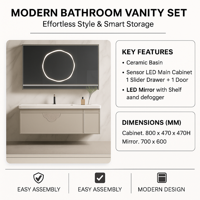 Sensor LED Bathroom Cabinet with Ceramic Basin & LED Mirror (Shelf + Defogger) 800mm