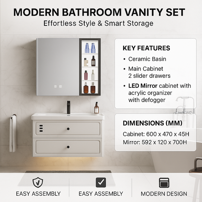 Bathroom Cabinet with 2 Slider Drawers & LED Organizer Mirror (Defogger) 600mm