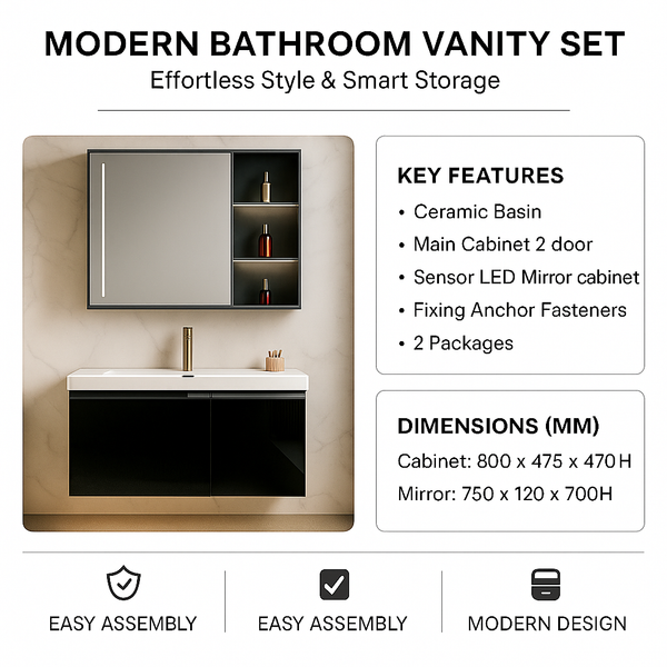 Bathroom Cabinet Set with Ceramic Basin & Sensor LED Mirror 800mm