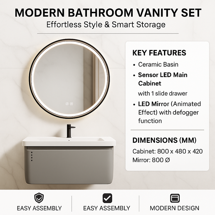 Bathroom Vanity with Sensor LED Drawer Cabinet & LED Animated Mirror (Defogger) 800mm