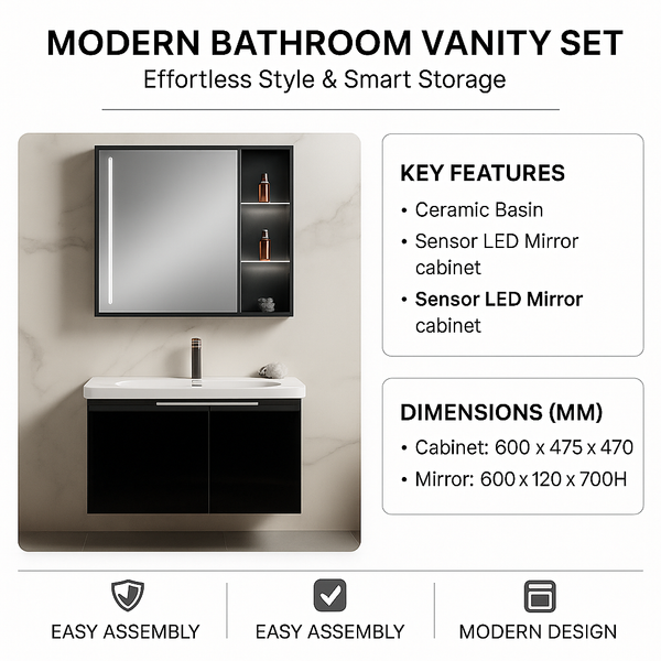 Bathroom Vanity with Ceramic Basin & Sensor LED Mirror Cabinet 600mm