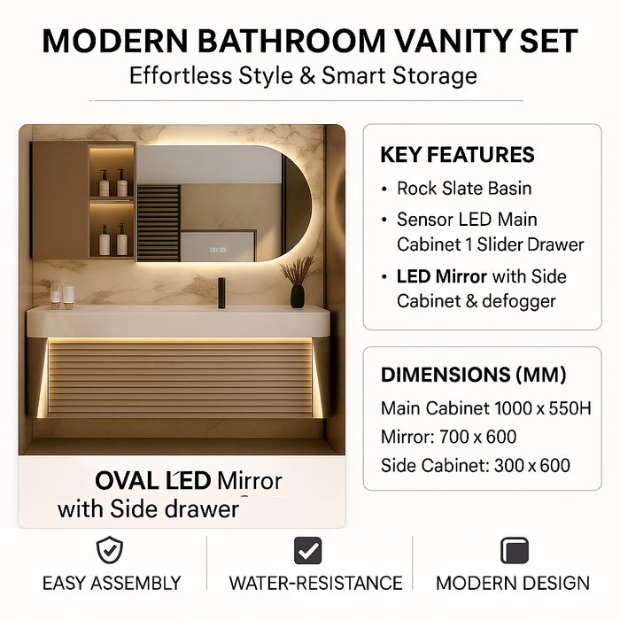 1000mm Plywood Bathroom Vanity with Rock Slate Basin, Sensor LED Cabinet & LED Mirror with Side Cabinet (Defogger)