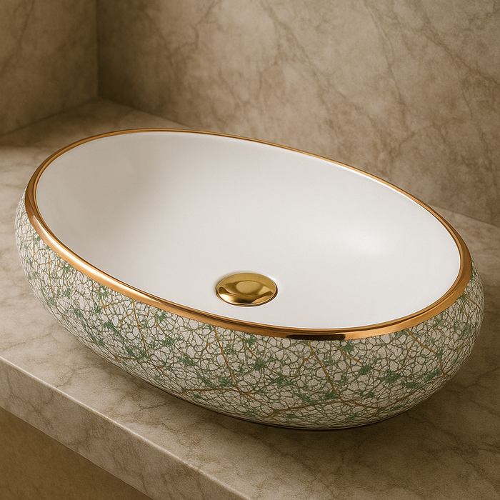 Premium Ceramic Wash Basin (Rose Gold Rim & Artistic Pattern 24 x 16 x 6 In - AB001)