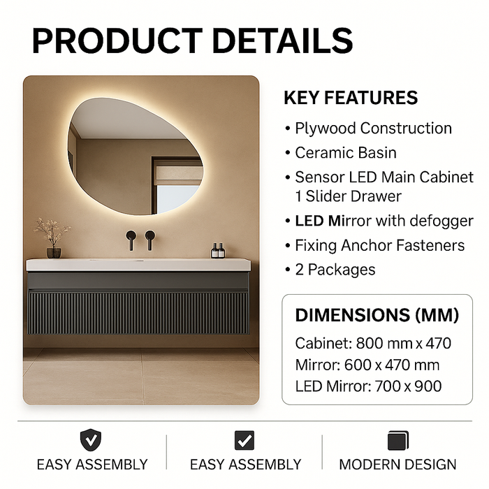 800mm Plywood Bathroom Vanity with Ceramic Basin, Sensor LED Cabinet & LED Mirror (Defogger)