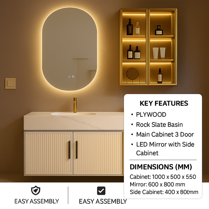 1000mm Plywood Bathroom Vanity with Rock Slate Basin, 3-Door Main Cabinet & LED Mirror with Side Cabinet