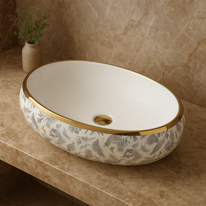 Premium Ceramic Wash Basin (Gold Rim & Leaf Pattern 24 x 16 x 6 In - AB008)