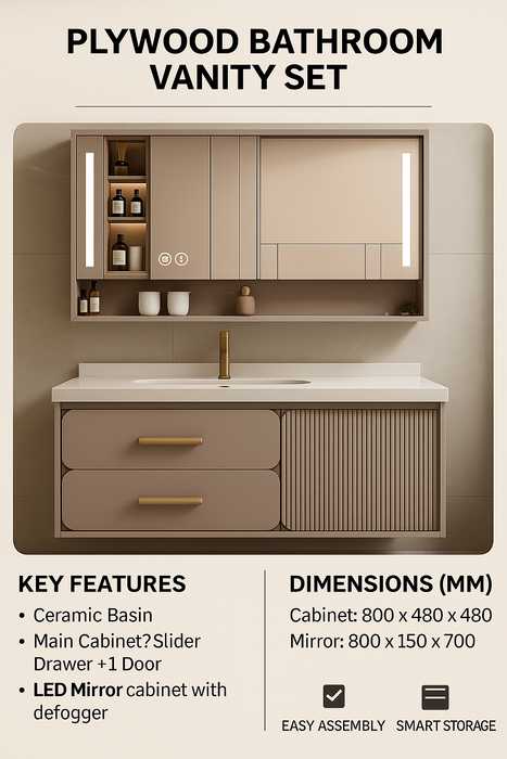 800mm Plywood Bathroom Vanity with Ceramic Basin, 2 Slider Drawers, 1 Door & LED Mirror Cabinet with Defogger