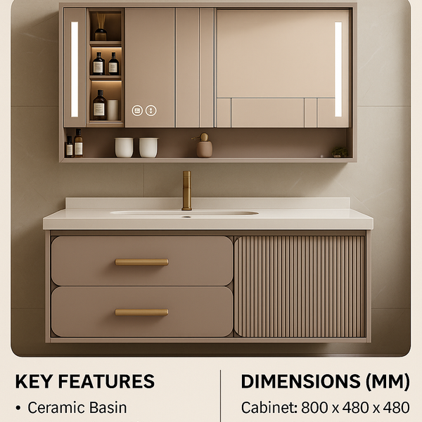 800mm Plywood Bathroom Vanity with Ceramic Basin, 2 Slider Drawers, 1 Door & LED Mirror Cabinet with Defogger