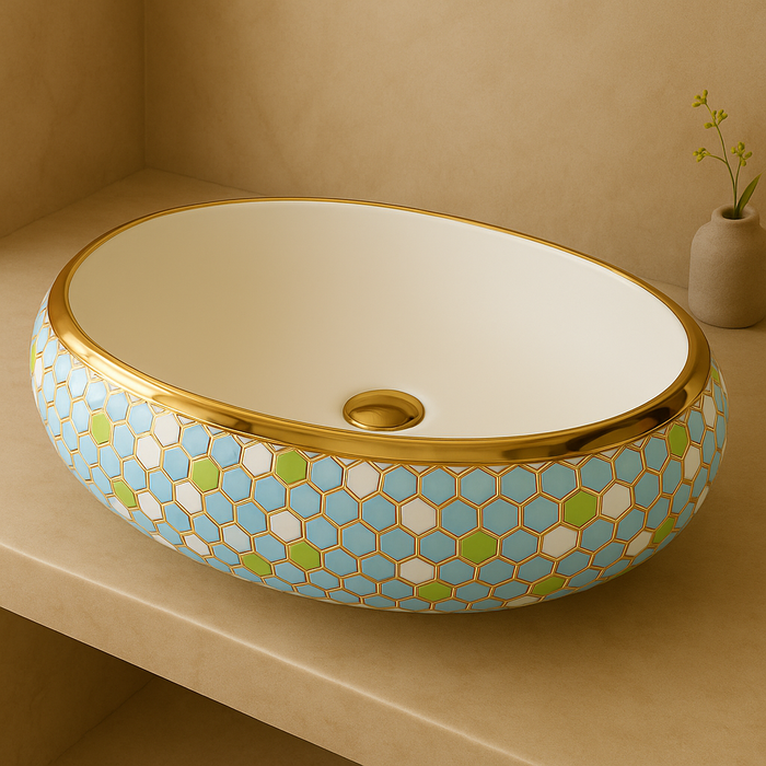 Designer Ceramic Wash Basin (Gold Rim & Mosaic Pattern 24 x 16 x 6 In AB005)