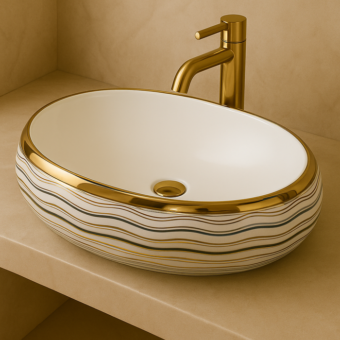 Luxury Ceramic Wash Basin (Gold Rim & Wave Pattern Design 24 x 16 x 6 In - AB002)