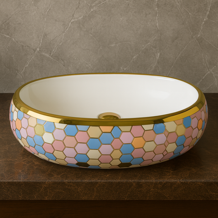 Designer Ceramic Wash Basin (Gold Rim, Multicolor Hexagon Design 24 x 16 x 6 In - AB011)