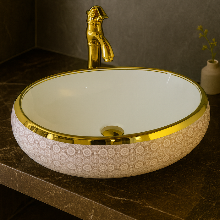 Designer Ceramic Wash Basin (Gold Rim & Pattern Design 24 x 16 x 6 In - AB010)
