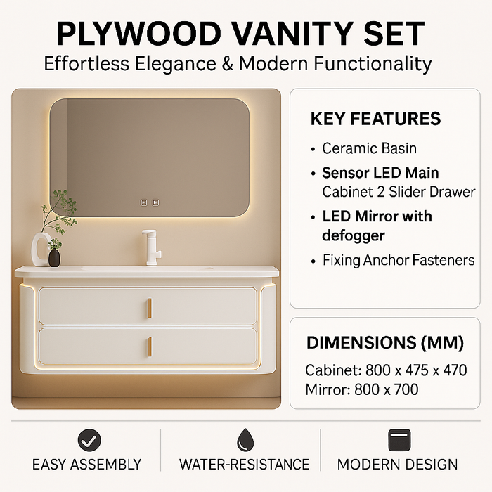800mm Plywood Vanity with Ceramic Basin, Sensor LED Main Cabinet & LED Mirror with Defogger
