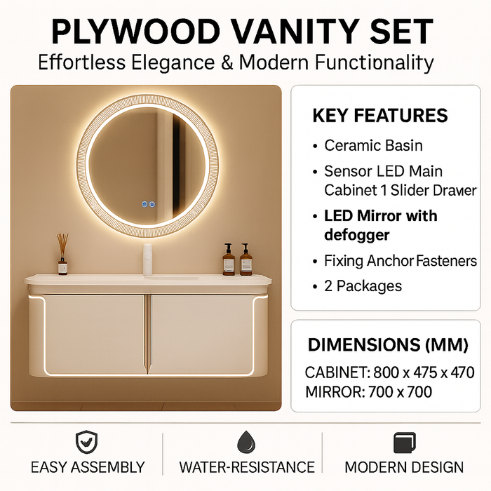 800mm Plywood Bathroom Vanity with Ceramic Basin, Sensor LED Main Cabinet & LED Mirror with Defogger