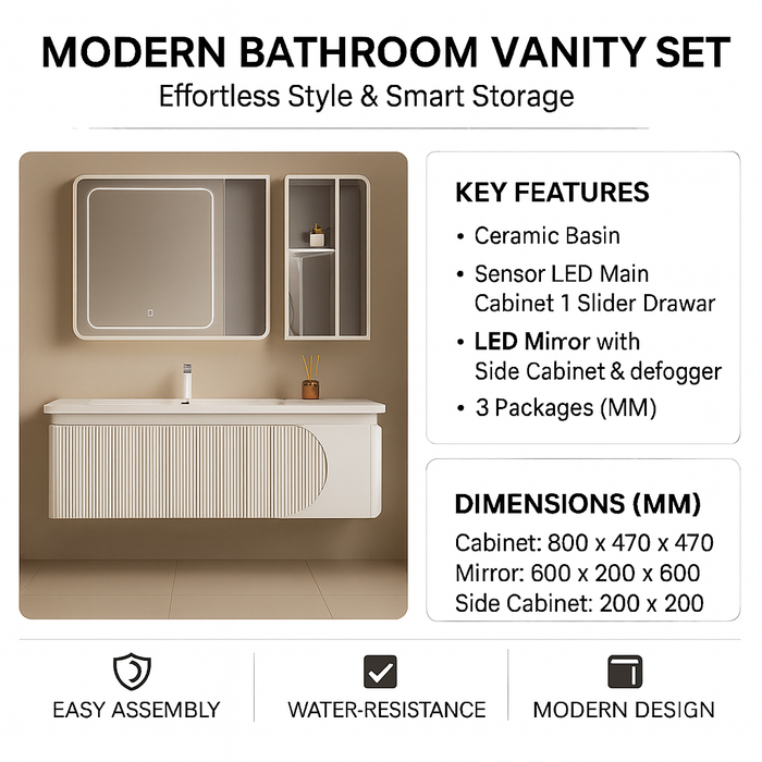 800mm Plywood Bathroom Vanity with Ceramic Basin, Sensor LED Cabinet & LED Mirror with Side Cabinet (Defogger)