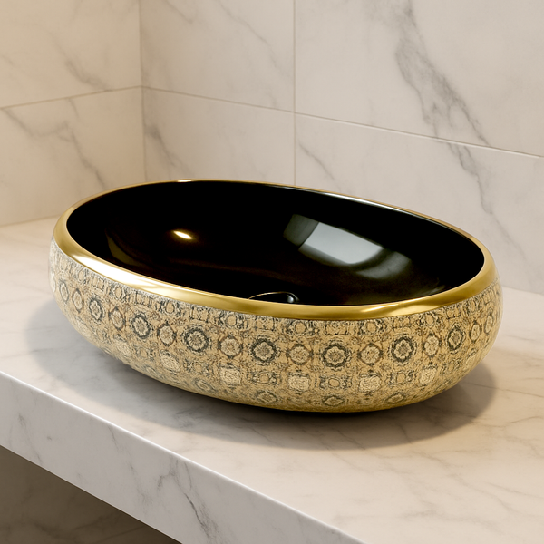 Premium Ceramic Wash Basin (Black Gloss Finish, Gold Rim & Vintage Floral Pattern 24 x 16 x 6 In - AB012)