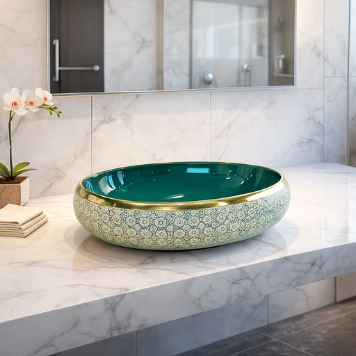 Teal ceramic sink with gold rim on a marble countertop in a bathroom setting.