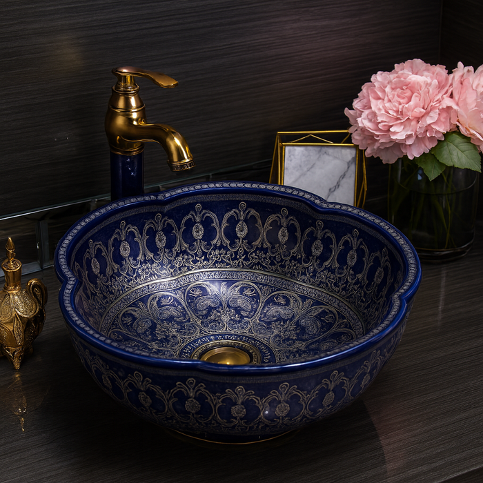 Designer Round Ceramic Wash Basin (Glossy Blue, Floral Art Design 16.5 x 16.5 x5 In- AB601)