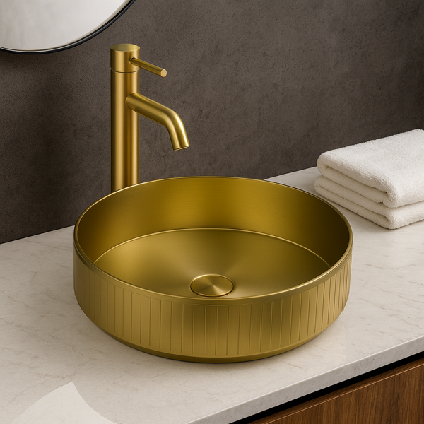 Bassino Modern Stainless Steel Wash Basin | Stylish Countertop Wash Basin for Bathroom–400x400x130 mm Gold