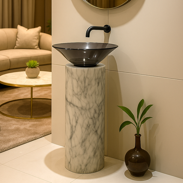 Stone Pedestal Basin with Acrylic Top | Luxury Designer Wash Basin 20x20x34.5 Inch White