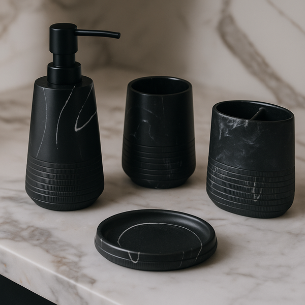 Marble Bathroom Accessory Set - 4 Pieces Black