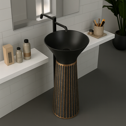 Black freestanding sink with decorative base in a bathroom setting