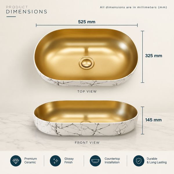 Bassino Designer Table Top Wash Basin 22 × 13 × 5.5 Inches | Dual Color Imported Basin