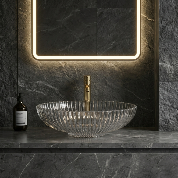 Premium Clear Glass Table Top Wash Basin, Transparent Finish (530x350x150 MM) Clear