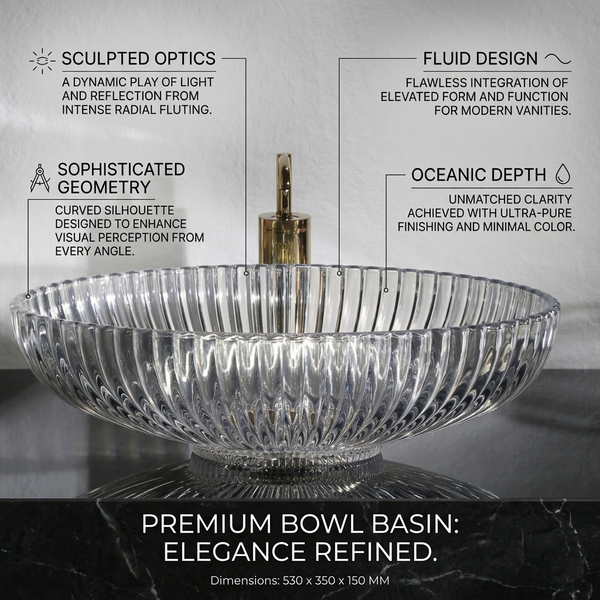 Premium Clear Glass Table Top Wash Basin, Transparent Finish (530x350x150 MM) Clear