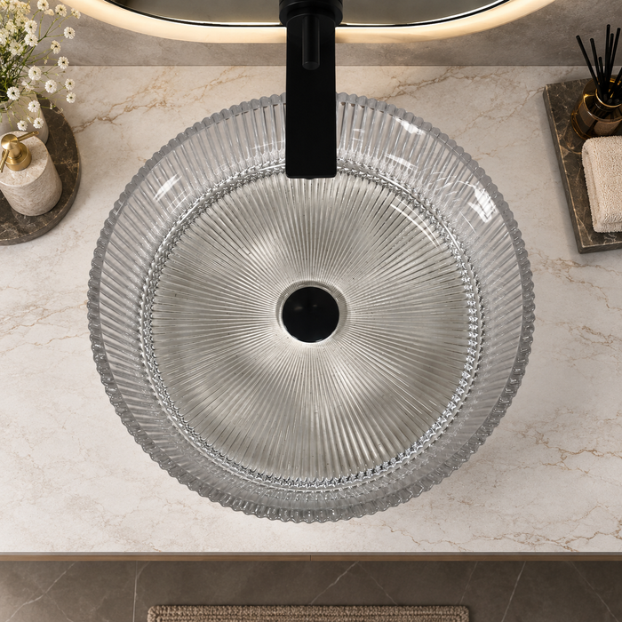 Clear round glass table top wash basin 400x400x120 mm with fluted ribbed design, modern transparent countertop basin for luxury bathrooms