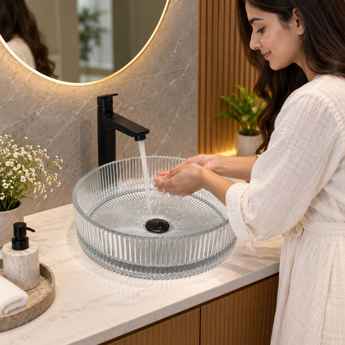 Clear round glass table top wash basin 400x400x120 mm with fluted ribbed design, modern transparent countertop basin for luxury bathrooms
